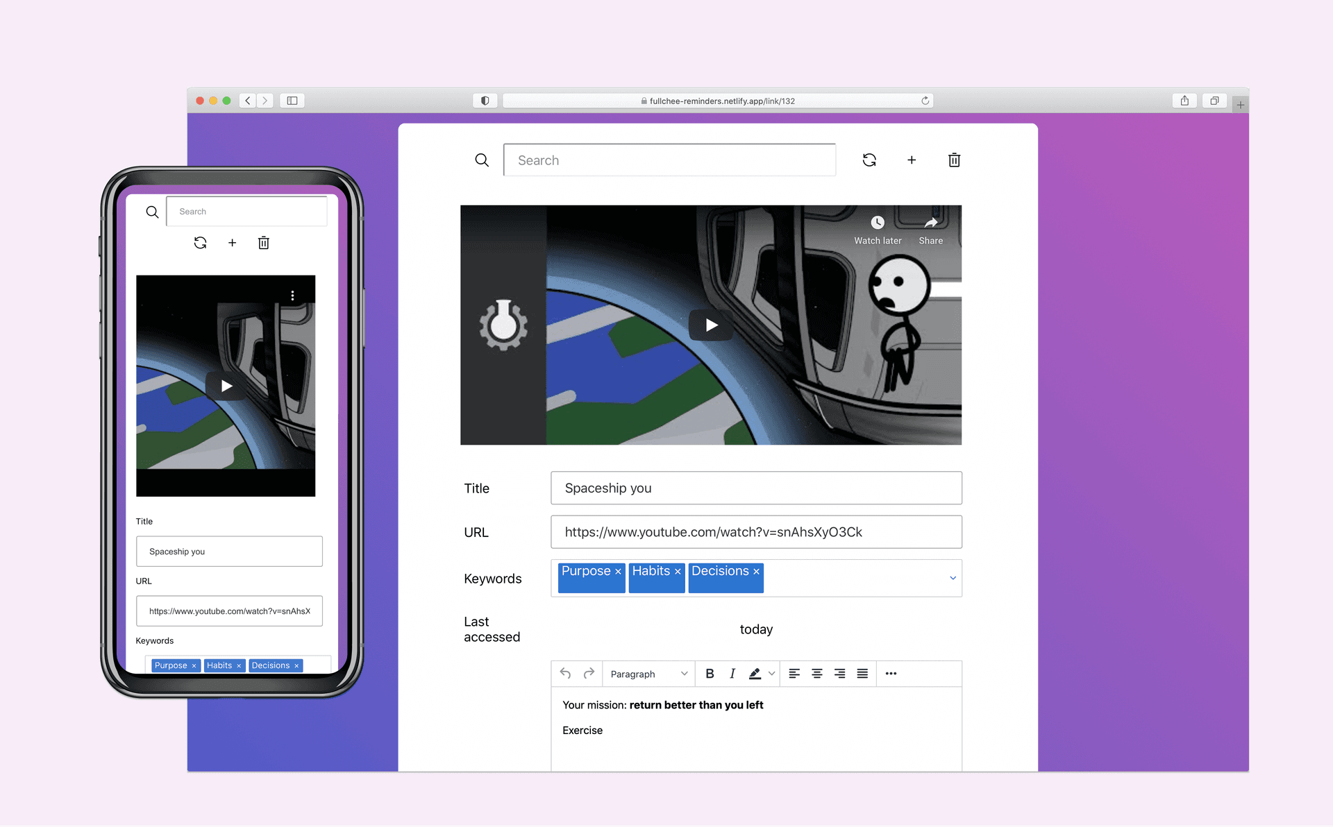 screenshot of the reminders project