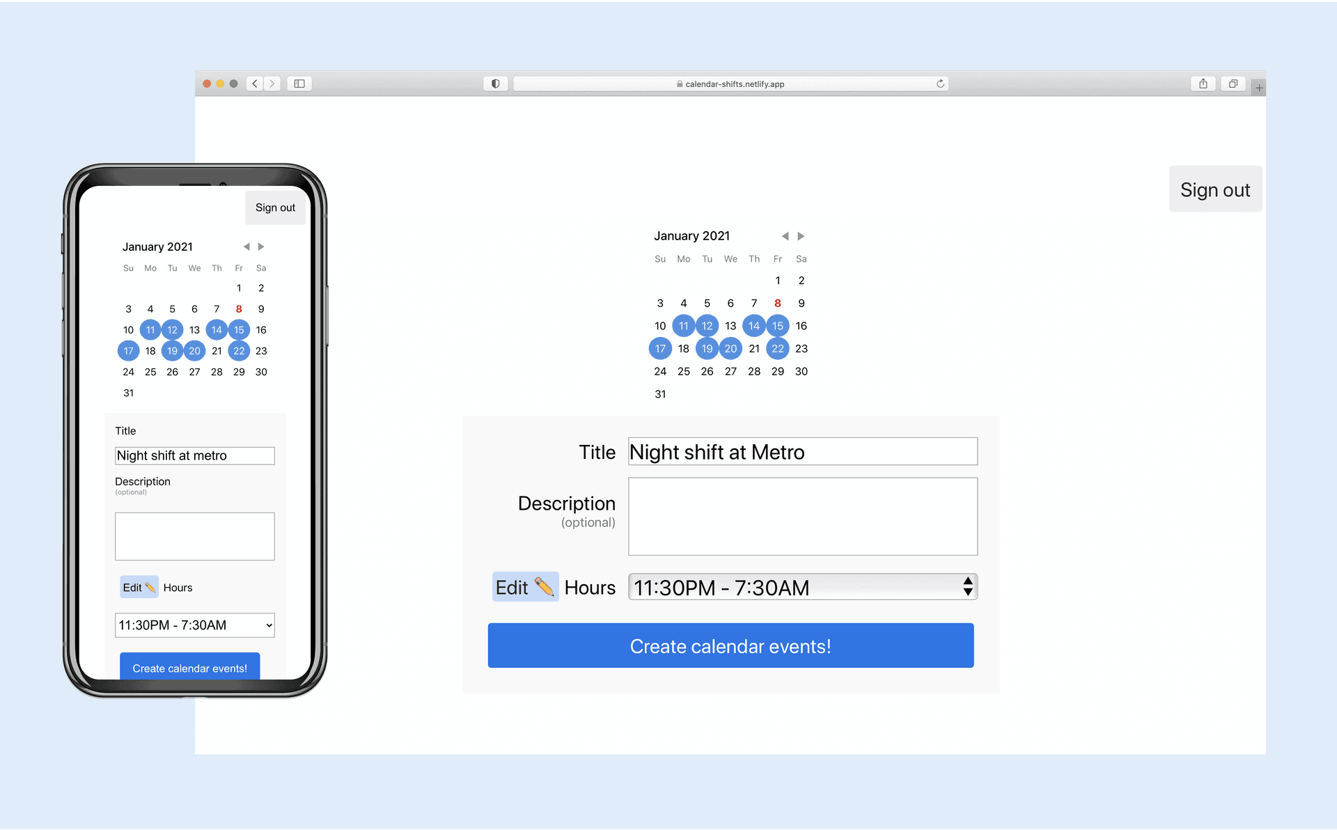 Screenshot of the batch calendar events project on a mobile and desktop